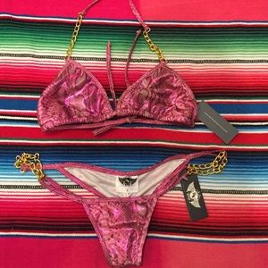Pink shiny snake print bikini with gold trim